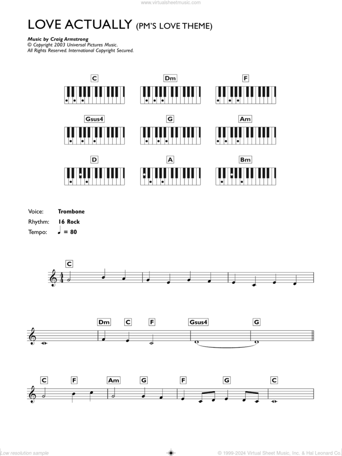 P.M.'s Love Theme (from Love Actually) sheet music for piano solo (chords, lyrics, melody) by Craig Armstrong, intermediate piano (chords, lyrics, melody)