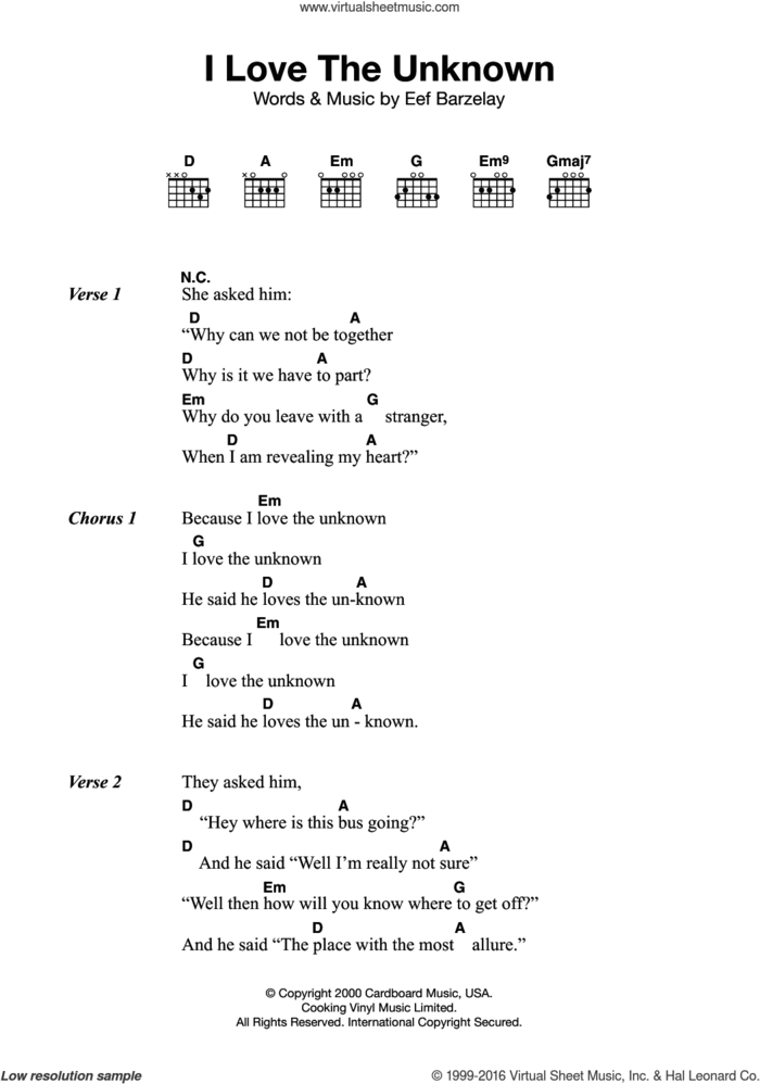 I Love The Unknown sheet music for guitar (chords) by Clem Snide and Eef Barzelay, intermediate skill level