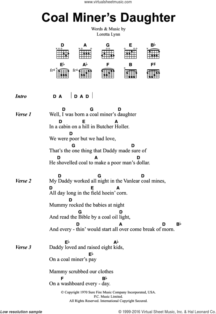 Coal Miner's Daughter sheet music for guitar (chords) by Loretta Lynn, intermediate skill level