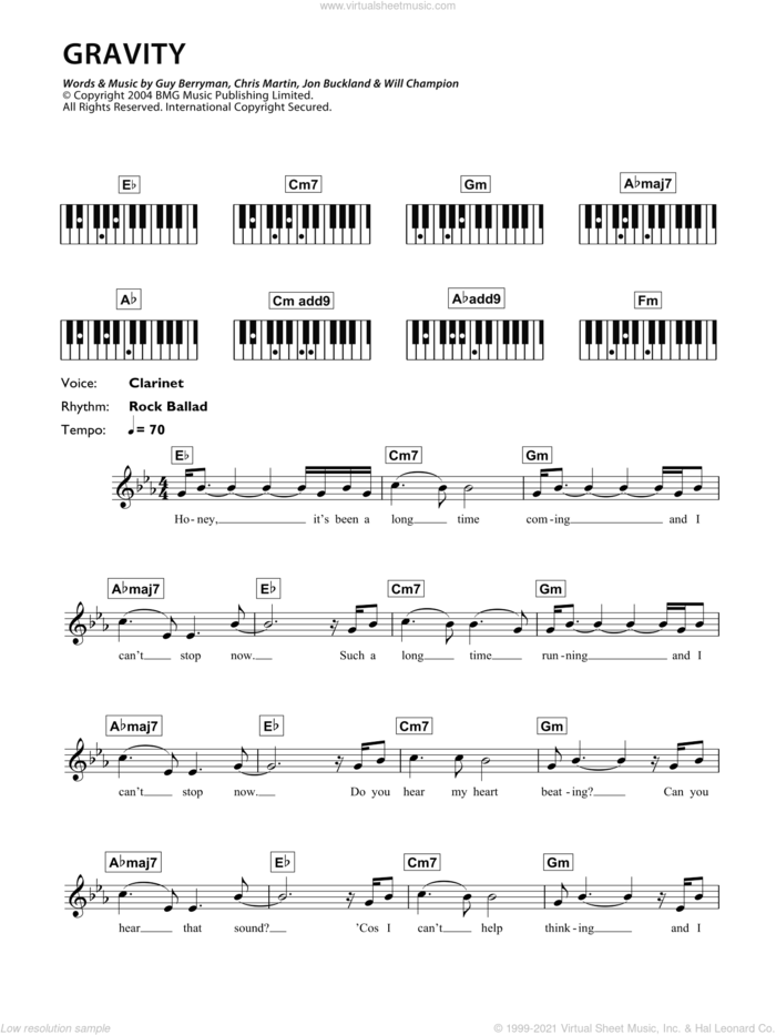 Gravity sheet music for piano solo (chords, lyrics, melody) by Coldplay, Embrace, Chris Martin, Guy Berryman, Jonny Buckland and Will Champion, intermediate piano (chords, lyrics, melody)
