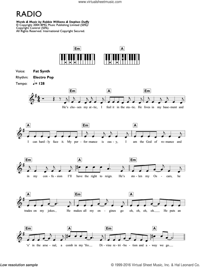 Radio sheet music for piano solo (chords, lyrics, melody) by Robbie Williams and Stephen Duffy, intermediate piano (chords, lyrics, melody)