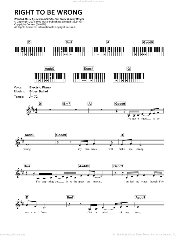 Right To Be Wrong sheet music for piano solo (chords, lyrics, melody) by Joss Stone, Betty Wright and Desmond Child, intermediate piano (chords, lyrics, melody)