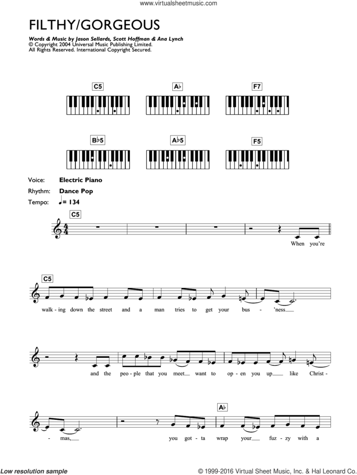 Filthy/Gorgeous sheet music for piano solo (chords, lyrics, melody) by Scissor Sisters, Ana Lynch, Jason Sellards and Scott Hoffman, intermediate piano (chords, lyrics, melody)