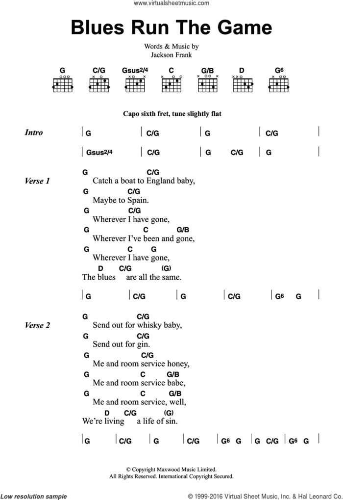 Blues Run The Game sheet music for guitar (chords) by Jackson Frank, intermediate skill level