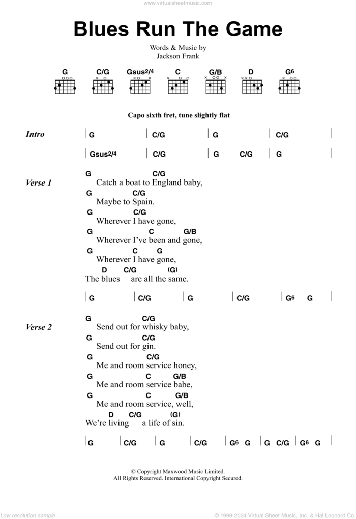 Blues Run The Game sheet music for guitar (chords) by Jackson Frank, intermediate skill level