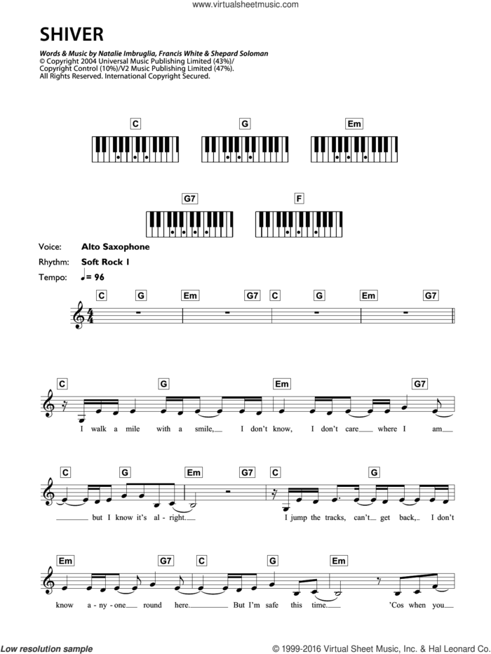 Shiver sheet music for piano solo (chords, lyrics, melody) by Natalie Imbruglia, Francis White and Sheppard Solomon, intermediate piano (chords, lyrics, melody)