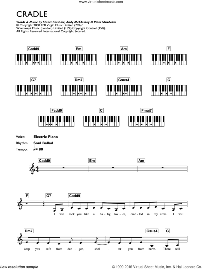 Cradle sheet music for piano solo (chords, lyrics, melody) by Atomic Kitten, Andy McCluskey, Peter Strudwick and Stuart Kershaw, intermediate piano (chords, lyrics, melody)