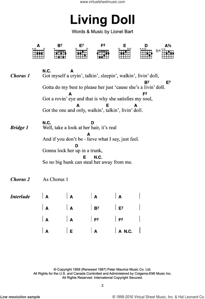 Living Doll sheet music for guitar (chords) by Cliff Richard, Cliff Richard & The Shadows and Lionel Bart, intermediate skill level