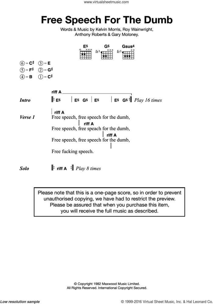 Free Speech For The Dumb sheet music for guitar (chords) by Metallica, Anthony Roberts, Gary Moloney, Kelvin Morris and Roy Wainwright, intermediate skill level