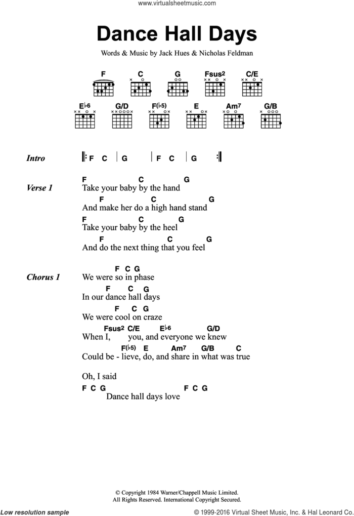 Dance Hall Days sheet music for guitar (chords) by Wang Chung, Jack Hues and Nicholas Feldman, intermediate skill level