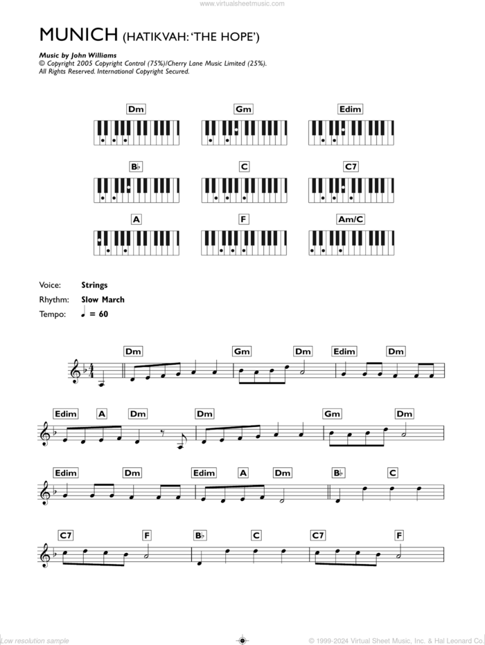 Hatikvah (The Hope) (from Munich) sheet music for piano solo (chords, lyrics, melody) by John Williams, intermediate piano (chords, lyrics, melody)