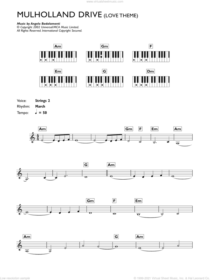 Mulholland Drive (Love Theme) sheet music for piano solo (chords, lyrics, melody) by Angelo Badalamenti, intermediate piano (chords, lyrics, melody)