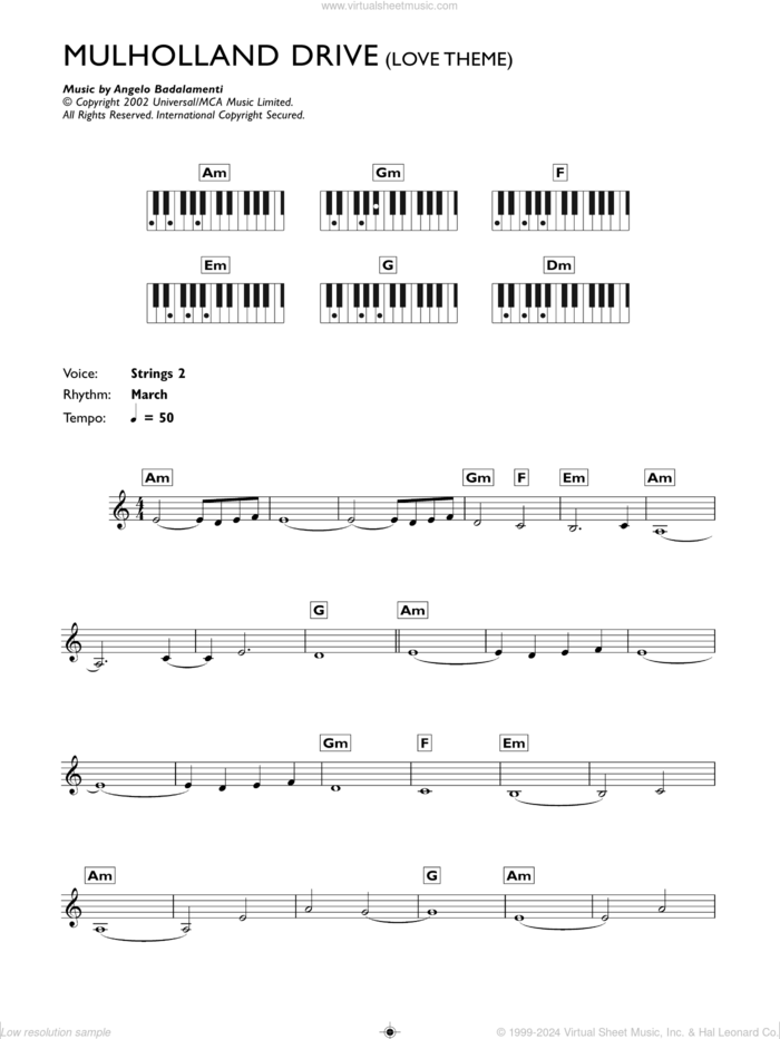 Mulholland Drive (Love Theme) sheet music for piano solo (chords, lyrics, melody) by Angelo Badalamenti, intermediate piano (chords, lyrics, melody)