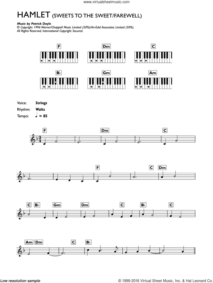 Sweets To The Sweet - Farewell (from Hamlet) sheet music for piano solo (chords, lyrics, melody) by Patrick Doyle, intermediate piano (chords, lyrics, melody)