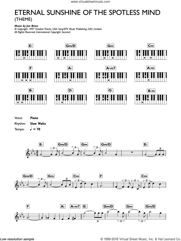 Eternal Sunshine Of The Spotless Mind (Theme) sheet music for piano solo (chords, lyrics, melody) by Jon Brion, intermediate piano (chords, lyrics, melody)