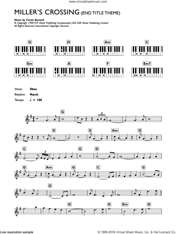 Miller's Crossing (End Titles) sheet music for piano solo (chords, lyrics, melody) by Carter Burwell, intermediate piano (chords, lyrics, melody)