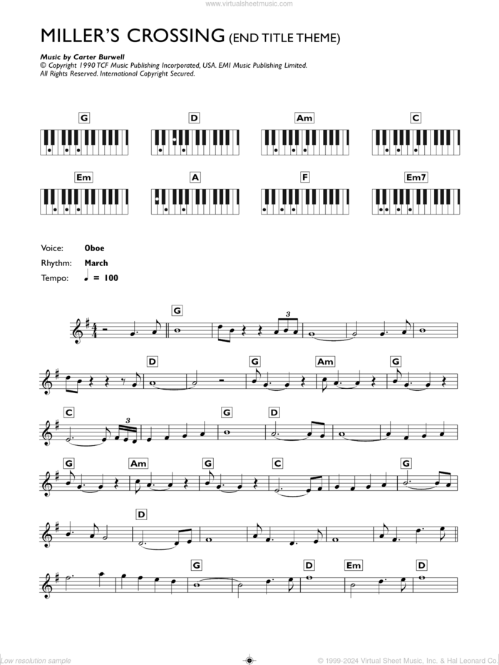 Miller's Crossing (End Titles) sheet music for piano solo (chords, lyrics, melody) by Carter Burwell, intermediate piano (chords, lyrics, melody)