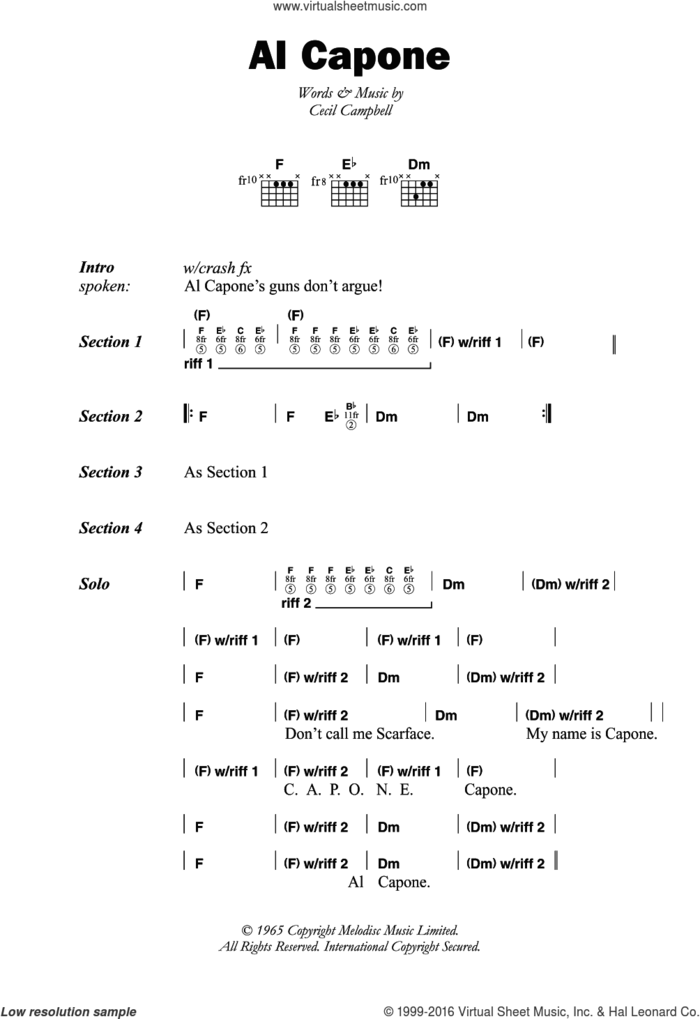 Al Capone sheet music for guitar (chords) by Prince Buster and Cecil Campbell, intermediate skill level