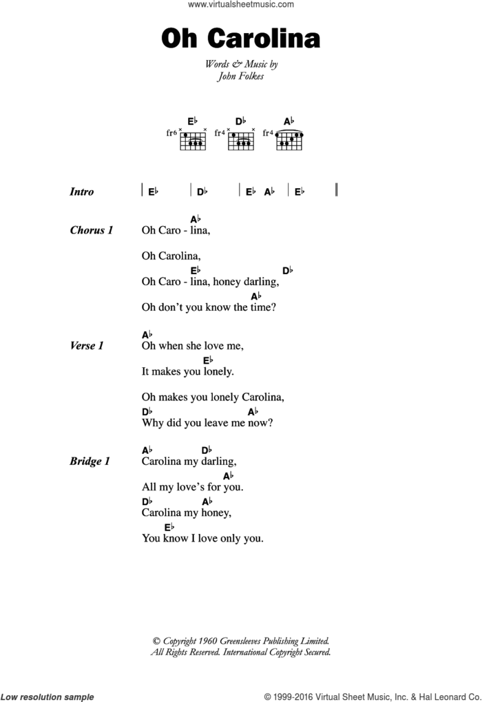 Oh Carolina sheet music for guitar (chords) by The Folkes Brothers and John Folkes, intermediate skill level