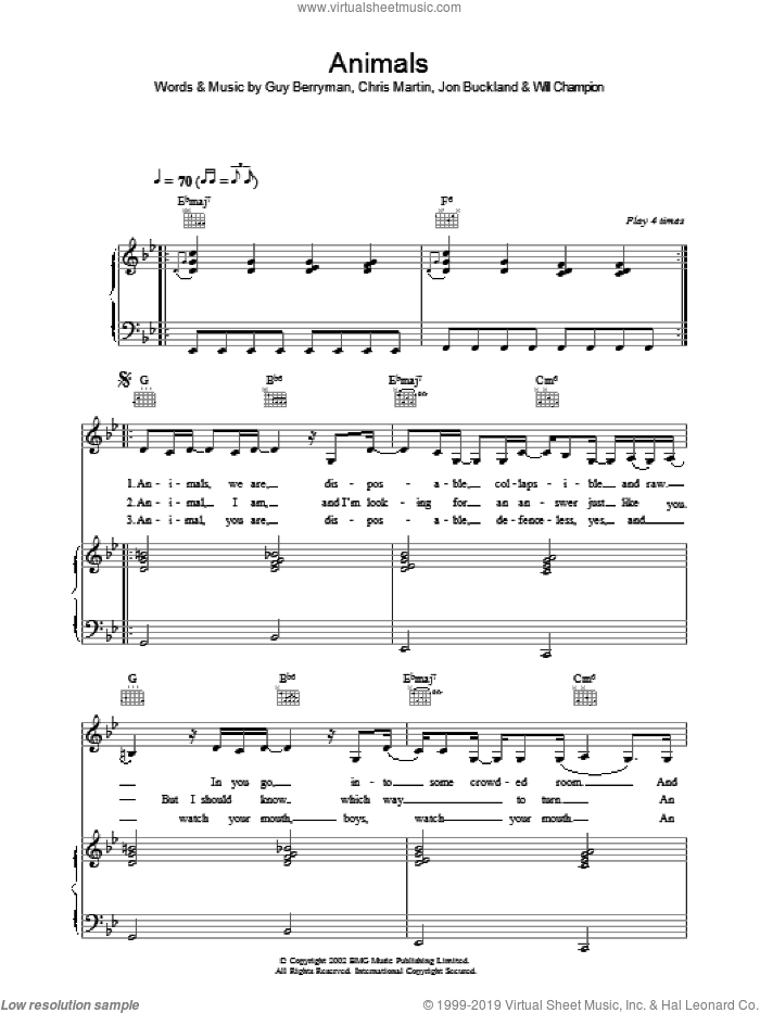 Animals sheet music for voice, piano or guitar by Coldplay, Chris Martin, Guy Berryman, Jon Buckland and Will Champion, intermediate skill level