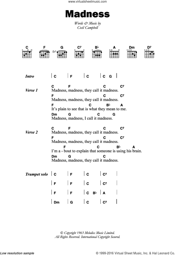 Madness sheet music for guitar (chords) by Prince Buster and Cecil Campbell, intermediate skill level