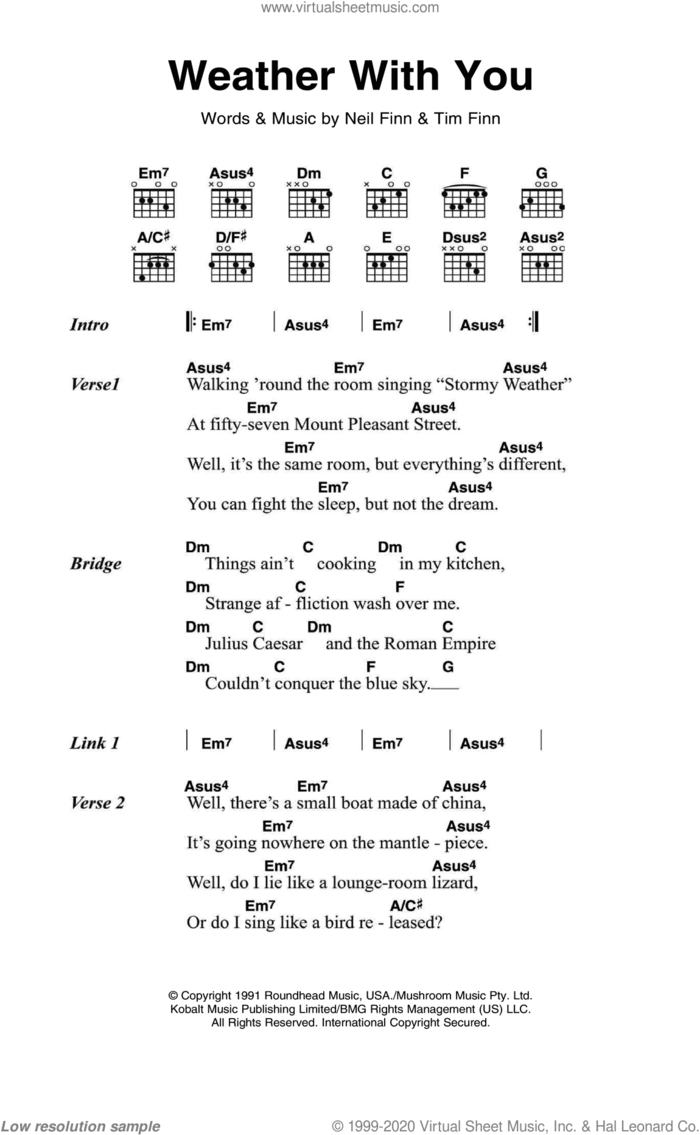 Weather With You sheet music for guitar (chords) by Crowded House, Neil Finn and Tim Finn, intermediate skill level