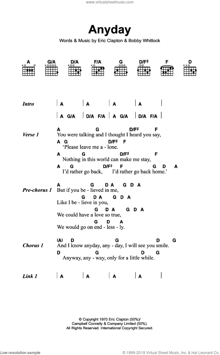 Anyday sheet music for guitar (chords) by Eric Clapton, Derek And The Dominos and Bobby Whitlock, intermediate skill level