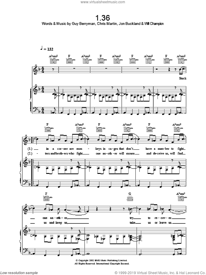 1.36 sheet music for voice, piano or guitar by Coldplay, Chris Martin, Guy Berryman, Jon Buckland and Will Champion, intermediate skill level