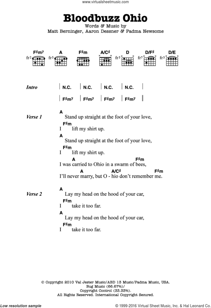 Bloodbuzz Ohio sheet music for guitar (chords) by The National, Aaron Dessner, Matt Berninger and Padma Newsome, intermediate skill level