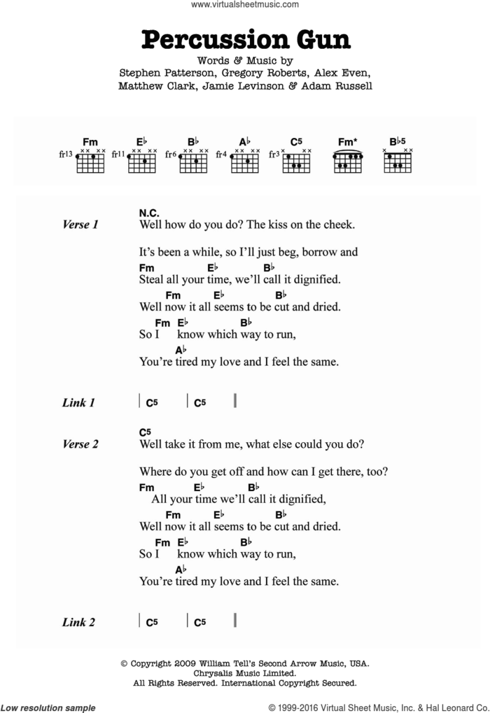 Percussion Gun sheet music for guitar (chords) by White Rabbits, Adam Russell, Alex Even, Gregory Roberts, Jamie Levinson, Matthew Clark and Stephen Patterson, intermediate skill level