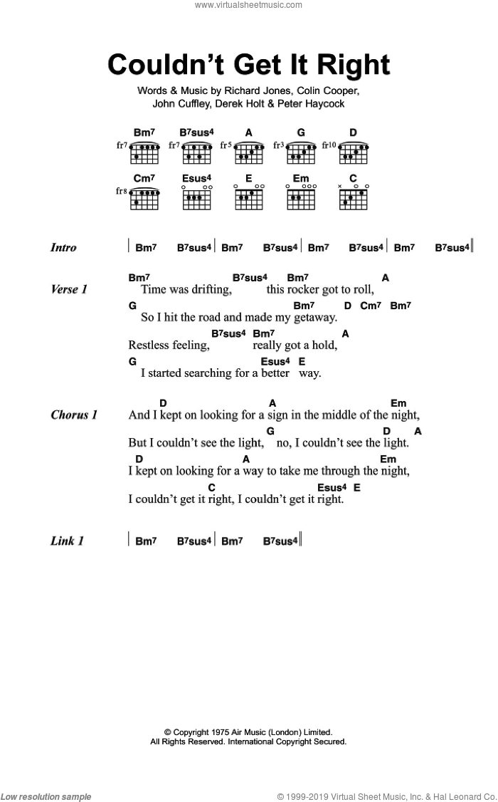 Couldn't Get It Right sheet music for guitar (chords) by Climax Blues Band, Colin Cooper, Derek Holt, John Cuffley, Peter Haycock and Richard Jones, intermediate skill level