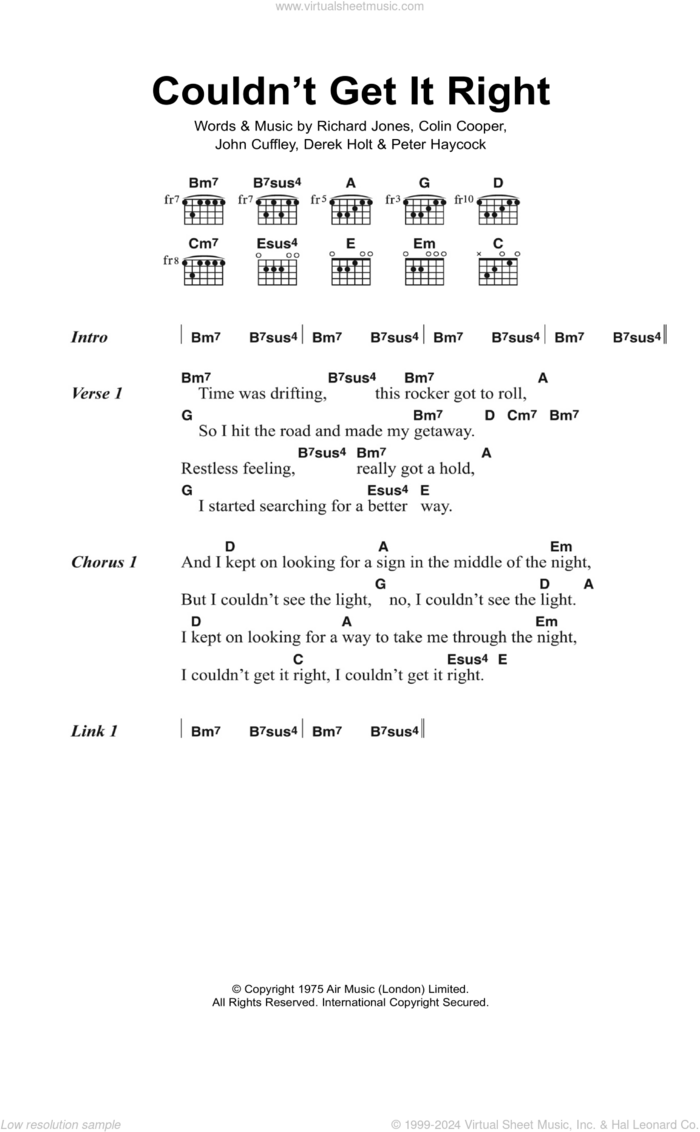 Couldn't Get It Right sheet music for guitar (chords) by Climax Blues Band, Colin Cooper, Derek Holt, John Cuffley, Peter Haycock and Richard Jones, intermediate skill level