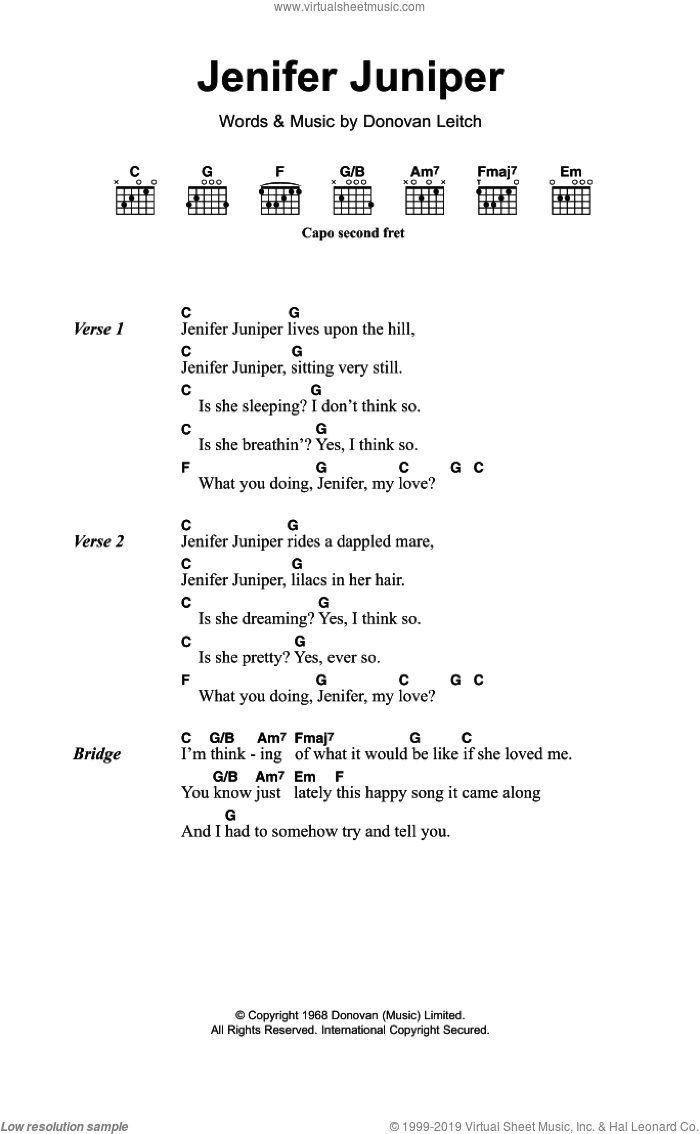 Jennifer Juniper sheet music for guitar (chords) by Walter Donovan and Donovan Leitch, intermediate skill level