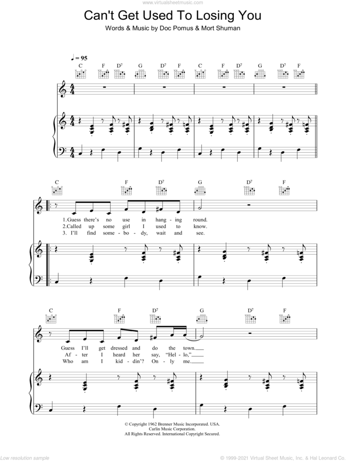 Can't Get Used To Losing You sheet music for voice, piano or guitar by Andy Williams, Doc Pomus, Jerome Pomus and Mort Shuman, intermediate skill level