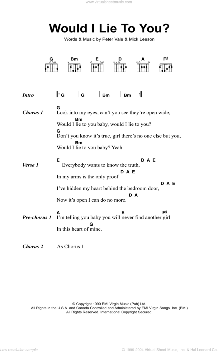 Would I Lie To You? sheet music for guitar (chords) by Charles & Eddie, Mick Leeson and Peter Vale, intermediate skill level