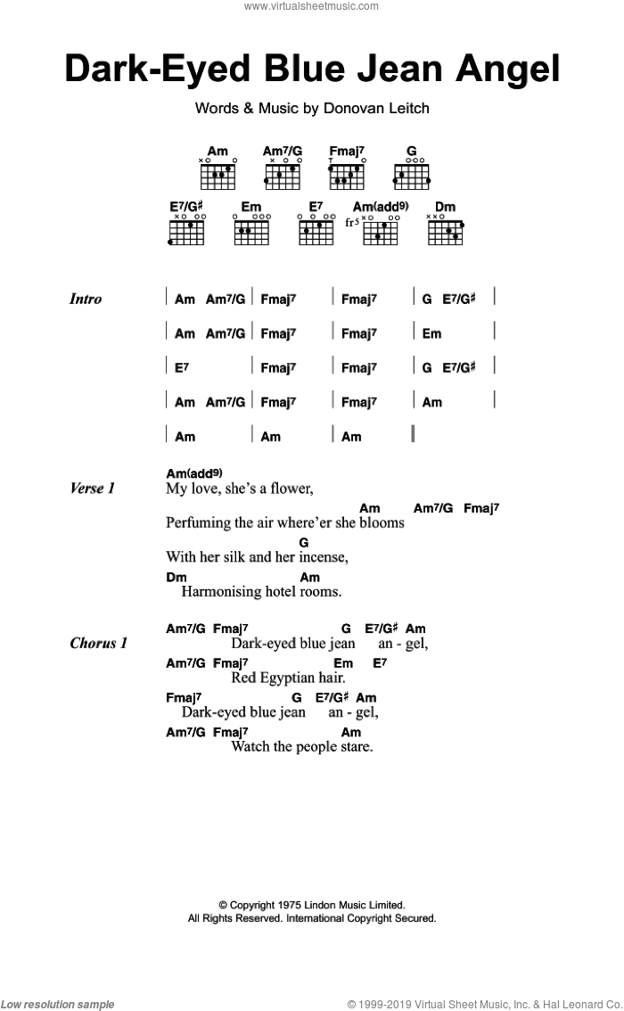 Dark Eyed Blue Jean Angel sheet music for guitar (chords) by Walter Donovan and Donovan Leitch, intermediate skill level