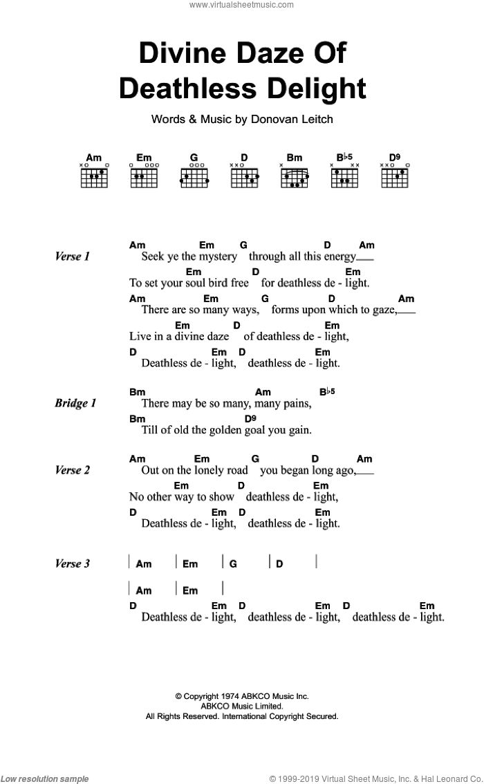 Divine Daze Of Deathless Delight sheet music for guitar (chords) by Walter Donovan and Donovan Leitch, intermediate skill level