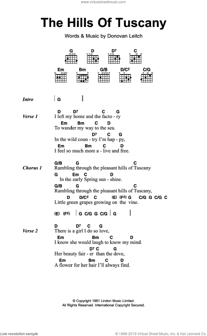The Hills Of Tuscany sheet music for guitar (chords) by Walter Donovan and Donovan Leitch, intermediate skill level