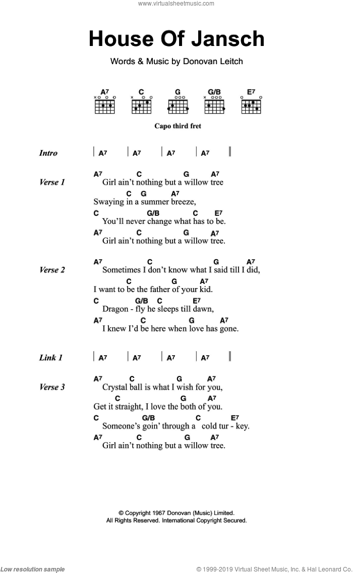 House Of Jansch sheet music for guitar (chords) by Walter Donovan and Donovan Leitch, intermediate skill level