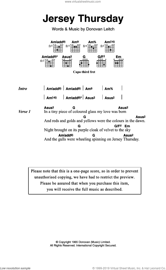 Jersey Thursday sheet music for guitar (chords) by Walter Donovan and Donovan Leitch, intermediate skill level