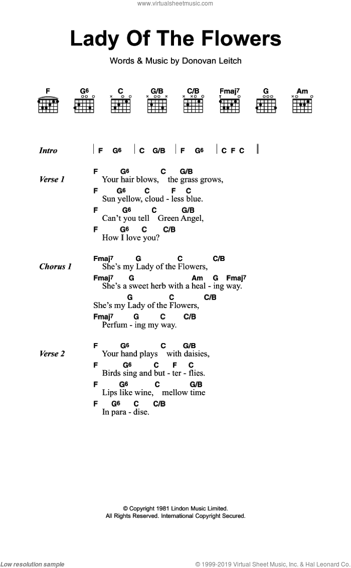 Lady Of The Flowers sheet music for guitar (chords) by Walter Donovan and Donovan Leitch, intermediate skill level
