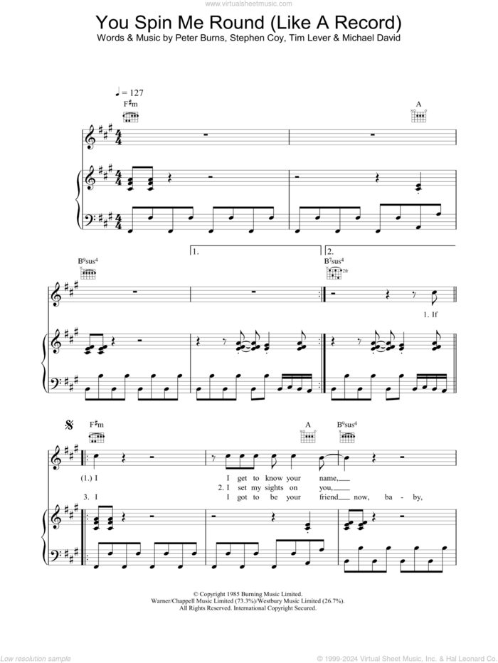 You Spin Me Round (Like A Record) sheet music for voice, piano or guitar by Dead Or Alive, Michael David, Peter Burns, Stephen Coy and Tim Lever, intermediate skill level