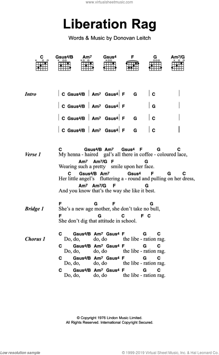 Liberation Rag sheet music for guitar (chords) by Walter Donovan and Donovan Leitch, intermediate skill level