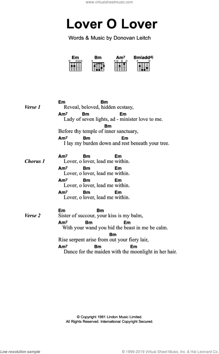 Lover O Lover sheet music for guitar (chords) by Walter Donovan and Donovan Leitch, intermediate skill level
