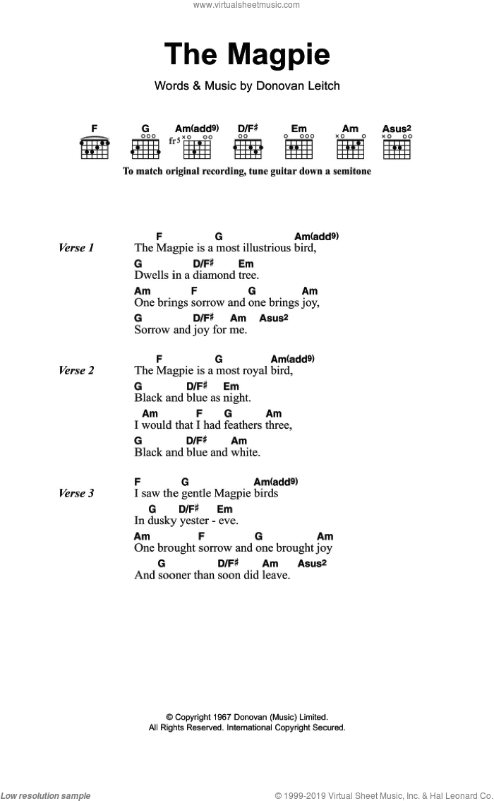 The Magpie sheet music for guitar (chords) by Walter Donovan and Donovan Leitch, intermediate skill level