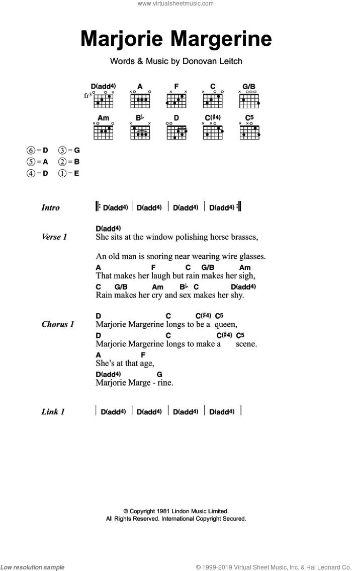 Marjorie Margerine sheet music for guitar (chords) by Walter Donovan and Donovan Leitch, intermediate skill level