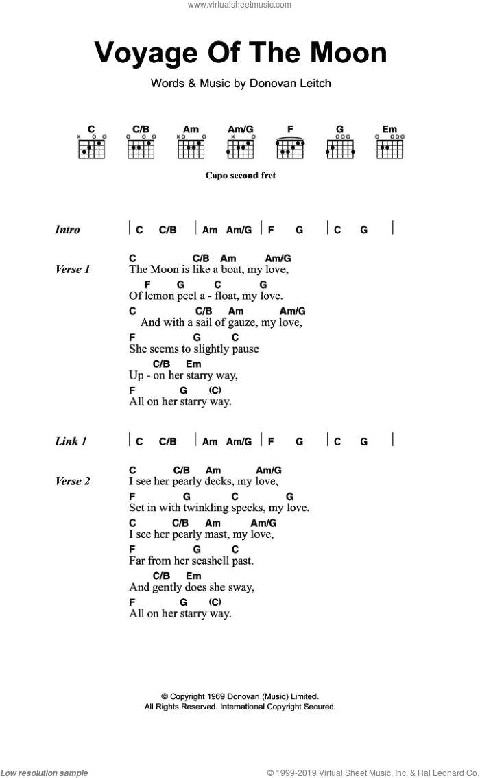 Voyage Of The Moon sheet music for guitar (chords) by Walter Donovan and Donovan Leitch, intermediate skill level