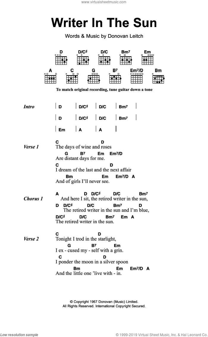 Writer In The Sun sheet music for guitar (chords) by Walter Donovan and Donovan Leitch, intermediate skill level