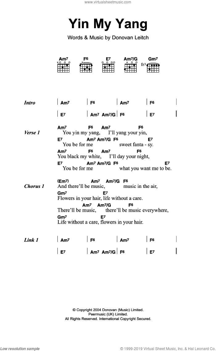 Yin My Yang sheet music for guitar (chords) by Walter Donovan and Donovan Leitch, intermediate skill level