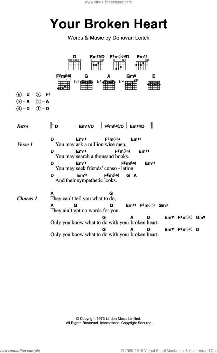 Your Broken Heart sheet music for guitar (chords) by Walter Donovan and Donovan Leitch, intermediate skill level